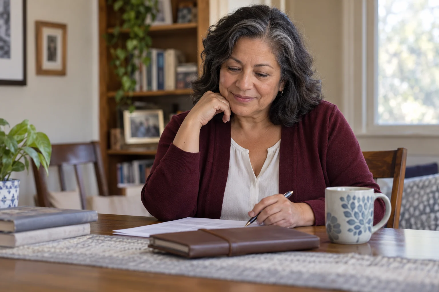 Elena reviewing retirement information at her dining table.