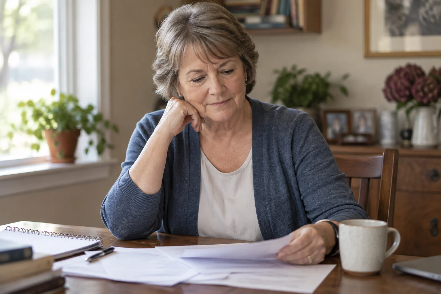 Sarah reviewing household expenses at her dining table.