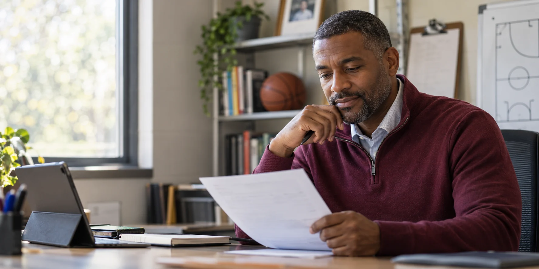 Teacher and coach reviewing retirement planning information in his office.